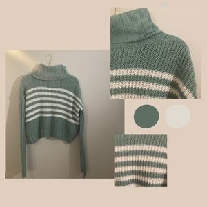 Cowl Neck Knit Sweater Teal and White